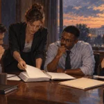 Painted illustration of congressional staff reviewing funding and health-policy folders.