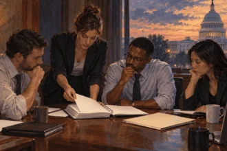 Painted illustration of congressional staff reviewing funding and health-policy folders.