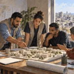 Painted scene of civilians considering rebuilding amid damaged neighborhoods.
