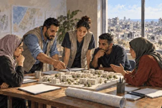 Painted scene of civilians considering rebuilding amid damaged neighborhoods.