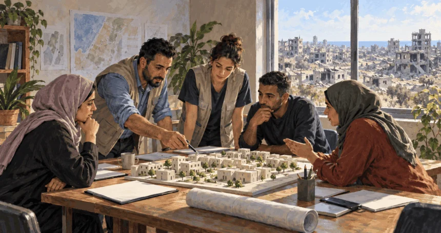 Painted scene of civilians considering rebuilding amid damaged neighborhoods.