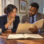 University staff review a federal funding folder.