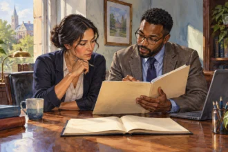 University staff review a federal funding folder.