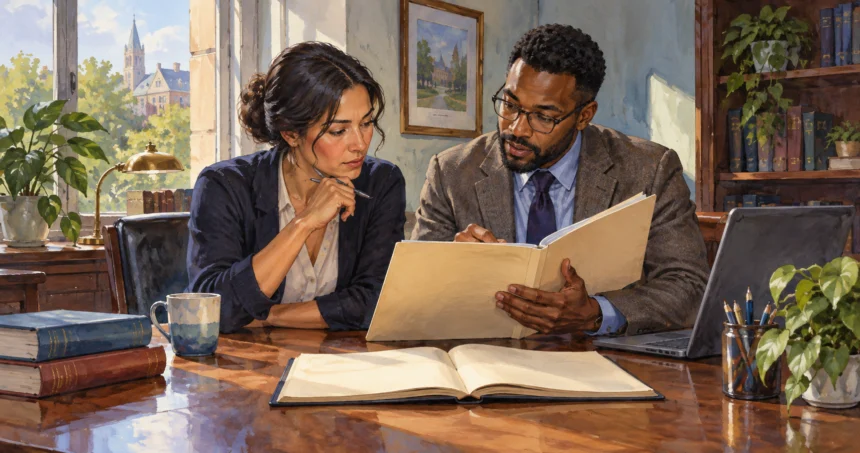 University staff review a federal funding folder.