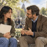 Conceptual watercolor painting of student discusses protest risks with an adviser.