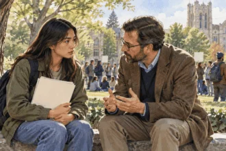 Conceptual watercolor painting of student discusses protest risks with an adviser.