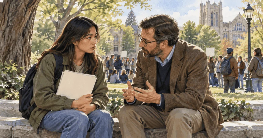 Conceptual watercolor painting of student discusses protest risks with an adviser.