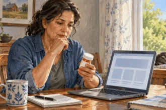 Painted illustration of a person comparing a medicine bottle with information on a laptop at home.