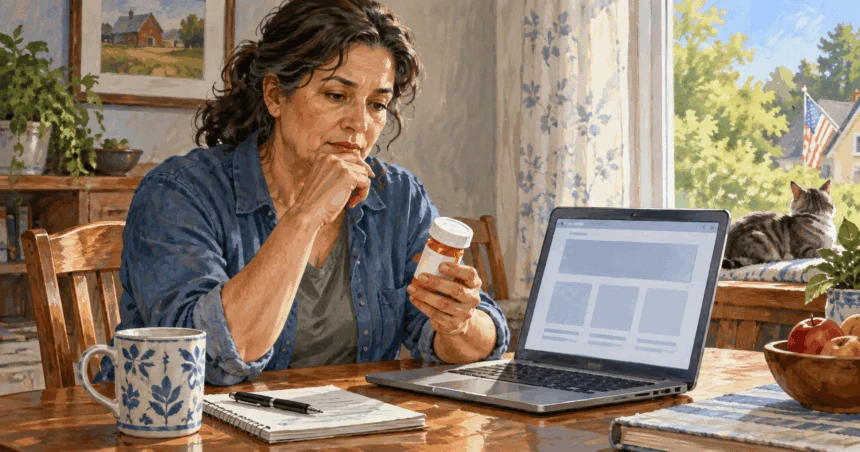Painted illustration of a person comparing a medicine bottle with information on a laptop at home.