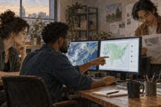 A small software team develops a map service from public weather data.