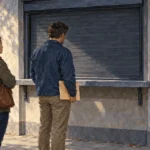 Conceptual painting of people waiting outside a closed public-service office.