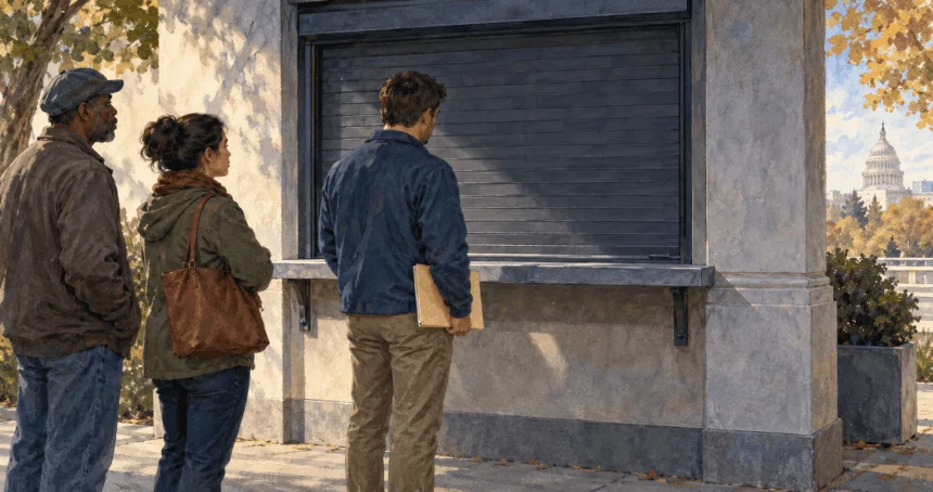 Conceptual painting of people waiting outside a closed public-service office.