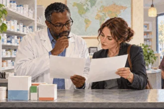 A pharmacist and policy researcher compare papers at a pharmacy counter.