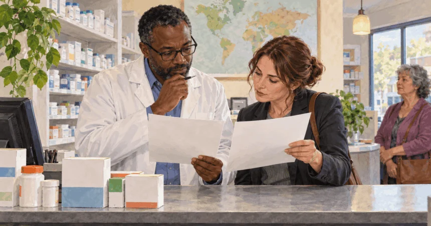A pharmacist and policy researcher compare papers at a pharmacy counter.