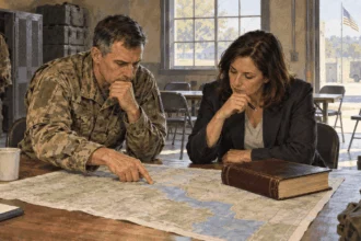 Conceptual painting of a military legal adviser and civilian official studying a map and law book.