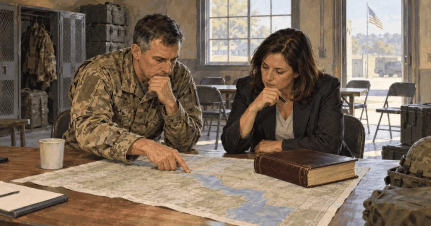 Conceptual painting of a military legal adviser and civilian official studying a map and law book.