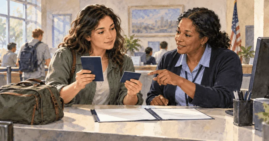 Conceptual painting of an applicant comparing a book-sized and card-sized travel document with a clerk.