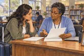 Conceptual painting of a traveler discussing blank visa papers with an adviser in a library.