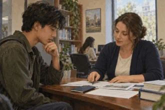 A prospective international student reviews enrollment materials with an adviser.