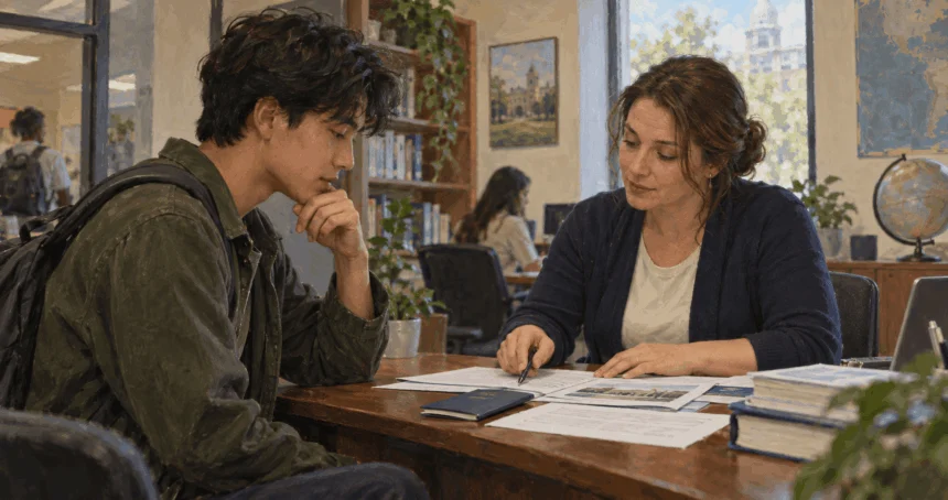 A prospective international student reviews enrollment materials with an adviser.