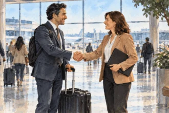 Conceptual painting of a business visitor meeting a host at an airport.