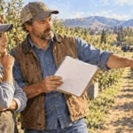 Conceptual watercolor painting of farm worker and supervisor discuss seasonal work.