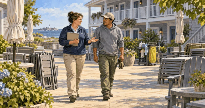 Conceptual painting of a hotel manager and prospective worker walking through a courtyard before the season.