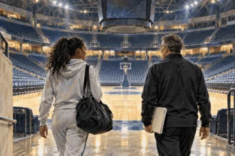Conceptual painting of an athlete and coach arriving at an indoor arena.
