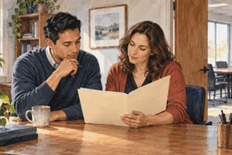 Conceptual watercolor painting of religious worker and sponsor review an application folder.