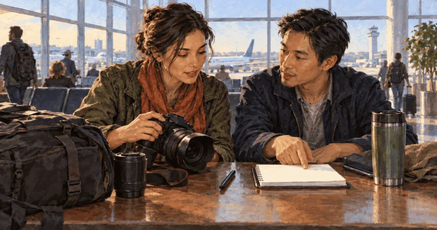 Painted illustration of a journalist preparing reporting equipment before travel.