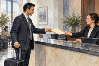 Conceptual watercolor painting of official traveler presents a folder at a consular desk.