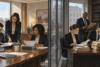 Executive-policy staff and prosecutors work separately across a glass partition.