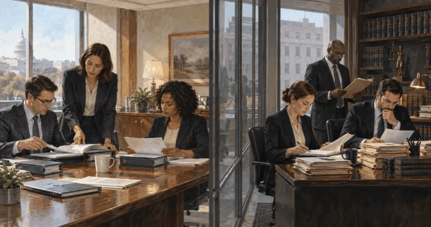 Executive-policy staff and prosecutors work separately across a glass partition.