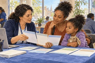 Conceptual painting of marketplace navigator helps a parent compare blank health-plan cards at a community assistance table.
