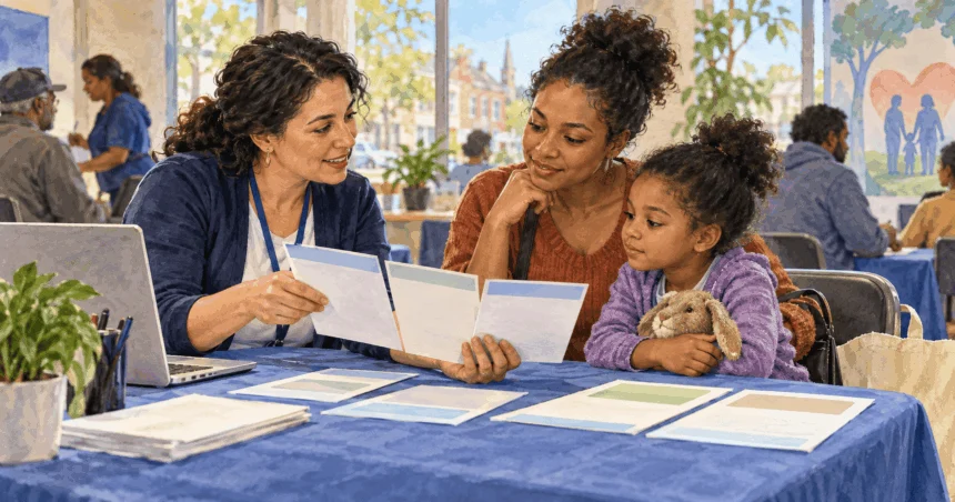 Conceptual painting of marketplace navigator helps a parent compare blank health-plan cards at a community assistance table.