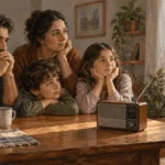Painted fictional scene of a family listening to news on a radio during a possible ceasefire.