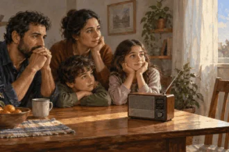 Painted fictional scene of a family listening to news on a radio during a possible ceasefire.