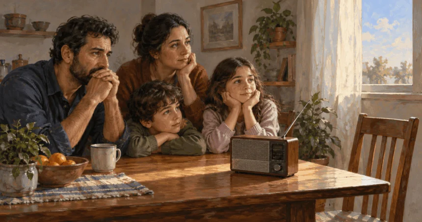 Painted fictional scene of a family listening to news on a radio during a possible ceasefire.