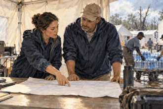Conceptual watercolor painting of responders coordinate supplies after an unnamed storm.