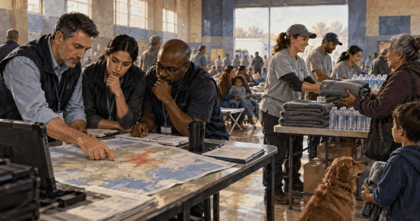 Disaster coordinators and relief volunteers perform distinct roles in a community center.