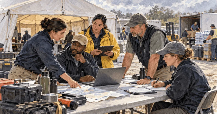 Emergency managers from neighboring areas coordinating at a storm staging site.