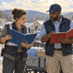 Conceptual watercolor painting of local and federal responders discuss coordination.