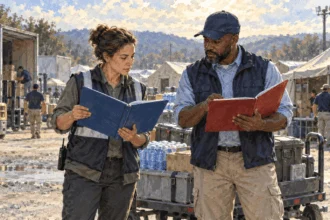 Conceptual watercolor painting of local and federal responders discuss coordination.