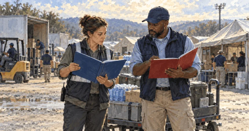 Conceptual watercolor painting of local and federal responders discuss coordination.