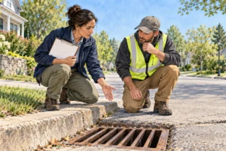 Emergency planners inspect a stormwater drain on a clear day.