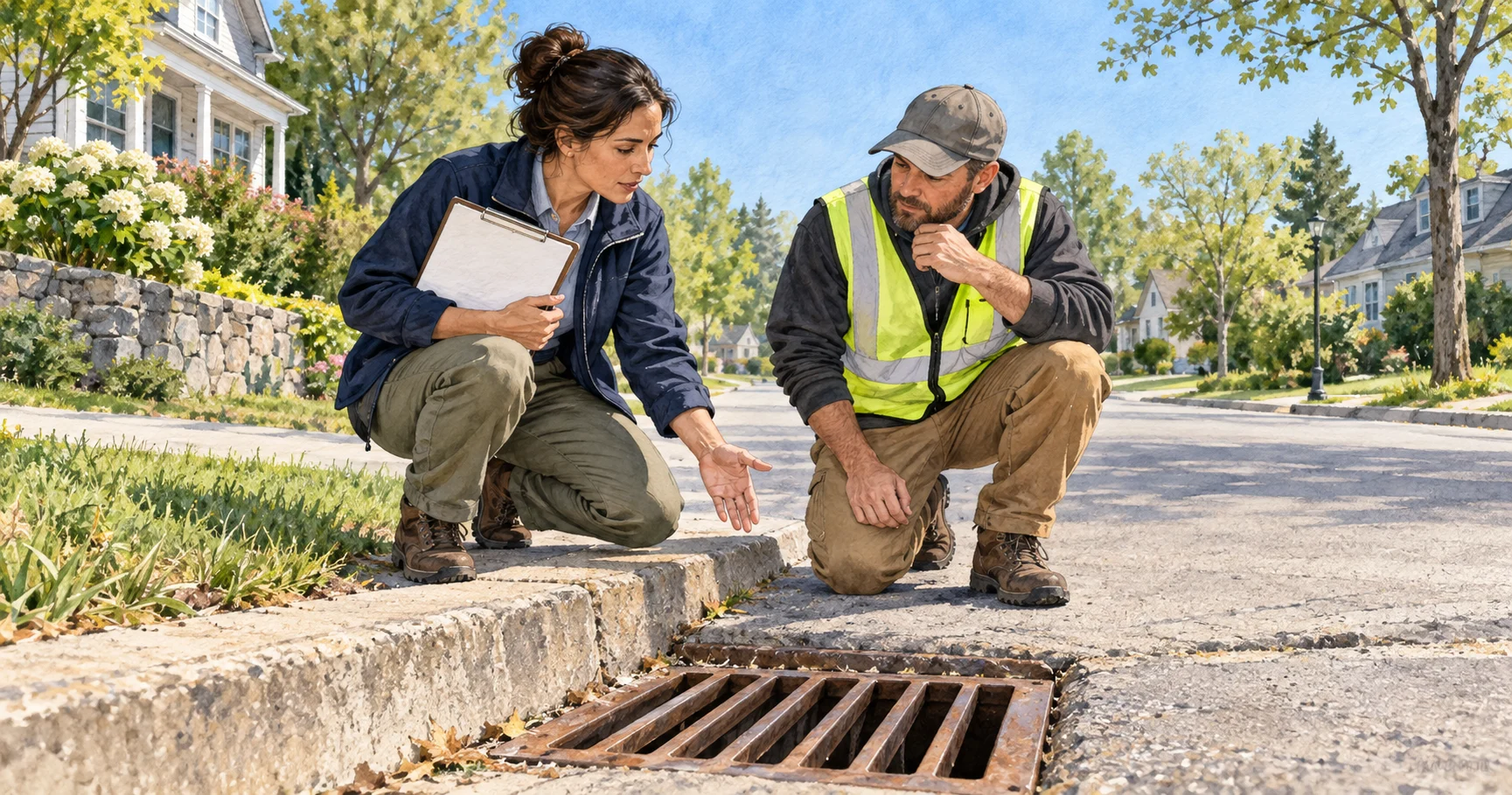 Emergency planners inspect a stormwater drain on a clear day.