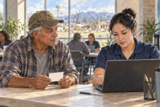 An applicant checks disaster-assistance status with a caseworker.