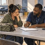 Conceptual painting of a disaster survivor and relief worker reviewing a blank form at a community assistance table.