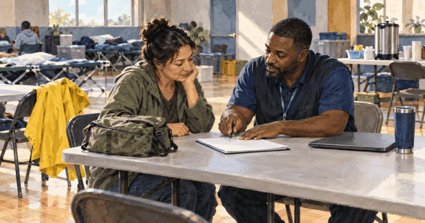 Conceptual painting of a disaster survivor and relief worker reviewing a blank form at a community assistance table.