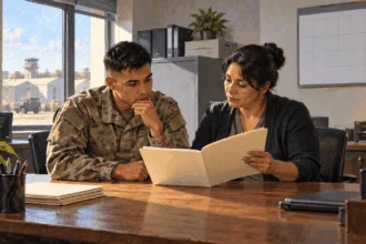 Painted illustration of a service member and clerk reviewing a pay folder.